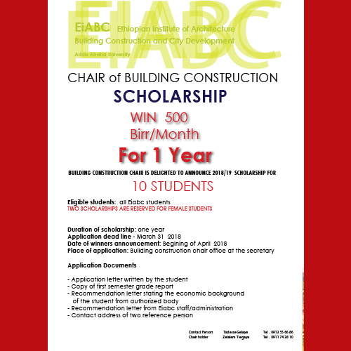 Chair of Building Construction Scholarship - Deadline 31st March 